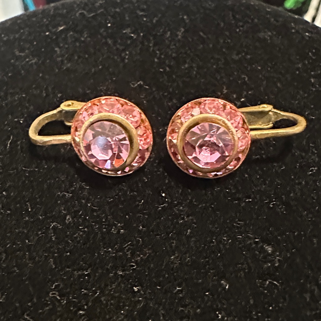 Vtg Austria Pink Crystal Clip On Earrings Gold Tone Oval